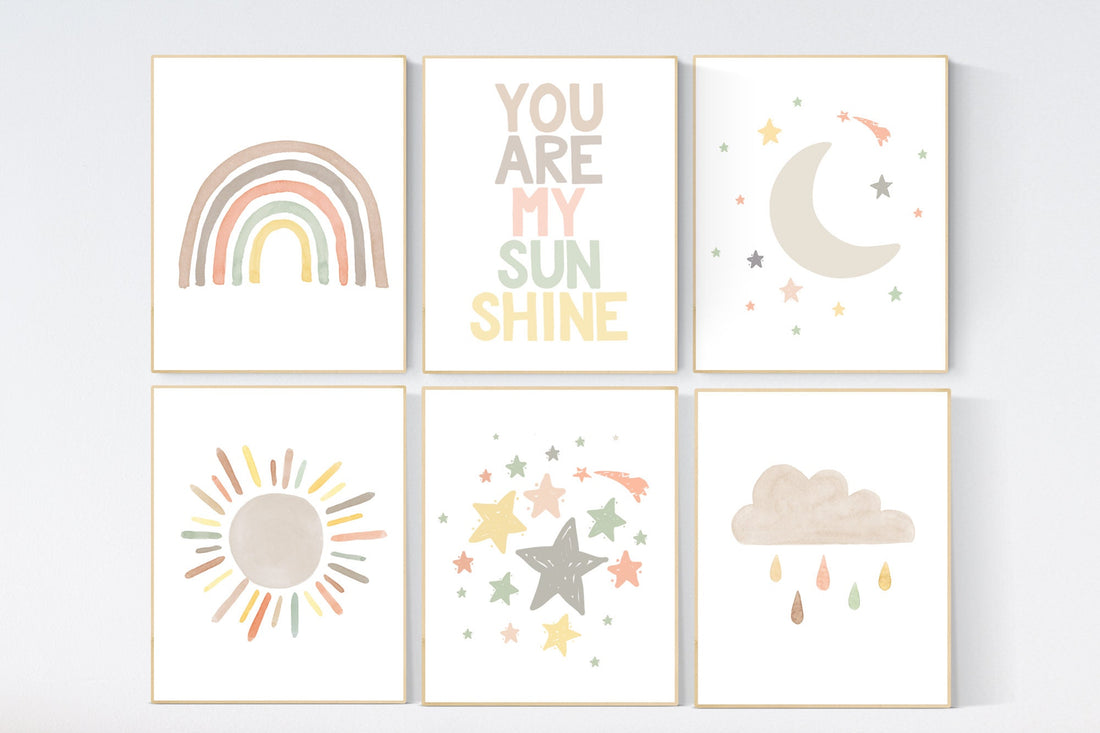 Gender neutral, nursery decor rainbow, gender neutral, you are my sunshine, stars, rainbow, cloud, nursery wall art neutral, nursery prints