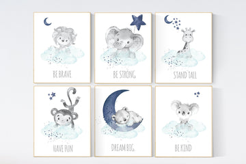 Animal prints, boy nursery decor, navy teal, elephant, giraffe, bear, lion, koala, monkey, navy teal nursery, animal nursery, nursery prints