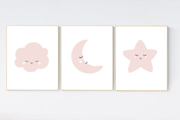 Moon nursery decor, baby pink nursery, nursery decor girl, star print, cloud print, girls room decor, blush pink nursery, blush pink