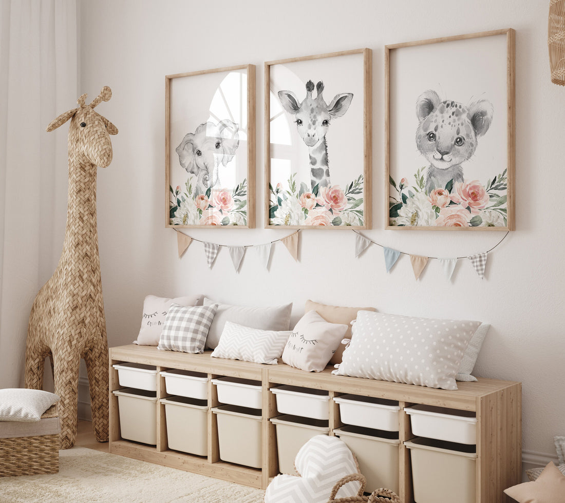 Safari Animals, girl nursery, Animals Prints, Woodland Nursery Decor, Safari Nursery Wall Art, floral animal prints, coral nursery