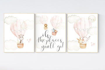 Blush nursery wall art, Nursery decor girl, hot air balloon nursery, blush pink nursery, nursery decor woodland animals, hot air balloon