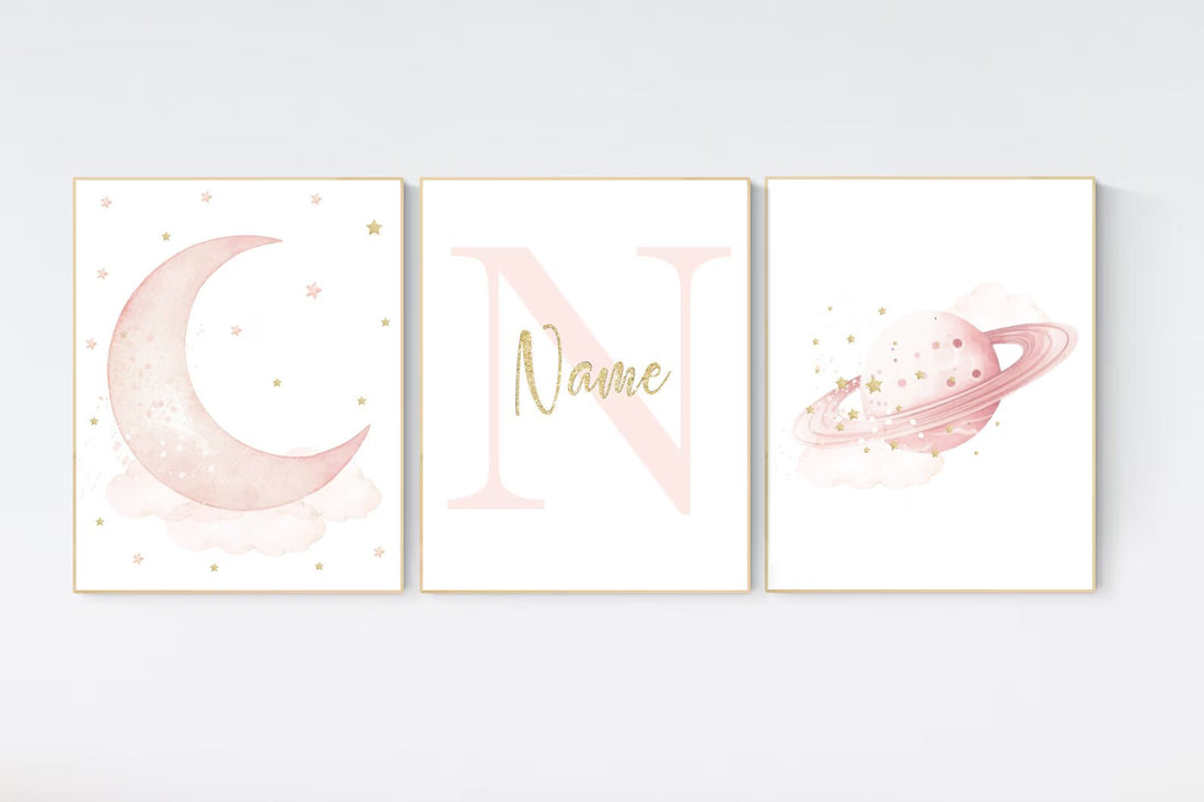 Nursery prints rainbow, blush Nursery decor girl, blush gold nursery wall art, blush pink, moon star, cloud, nursery wall art, sun nursery