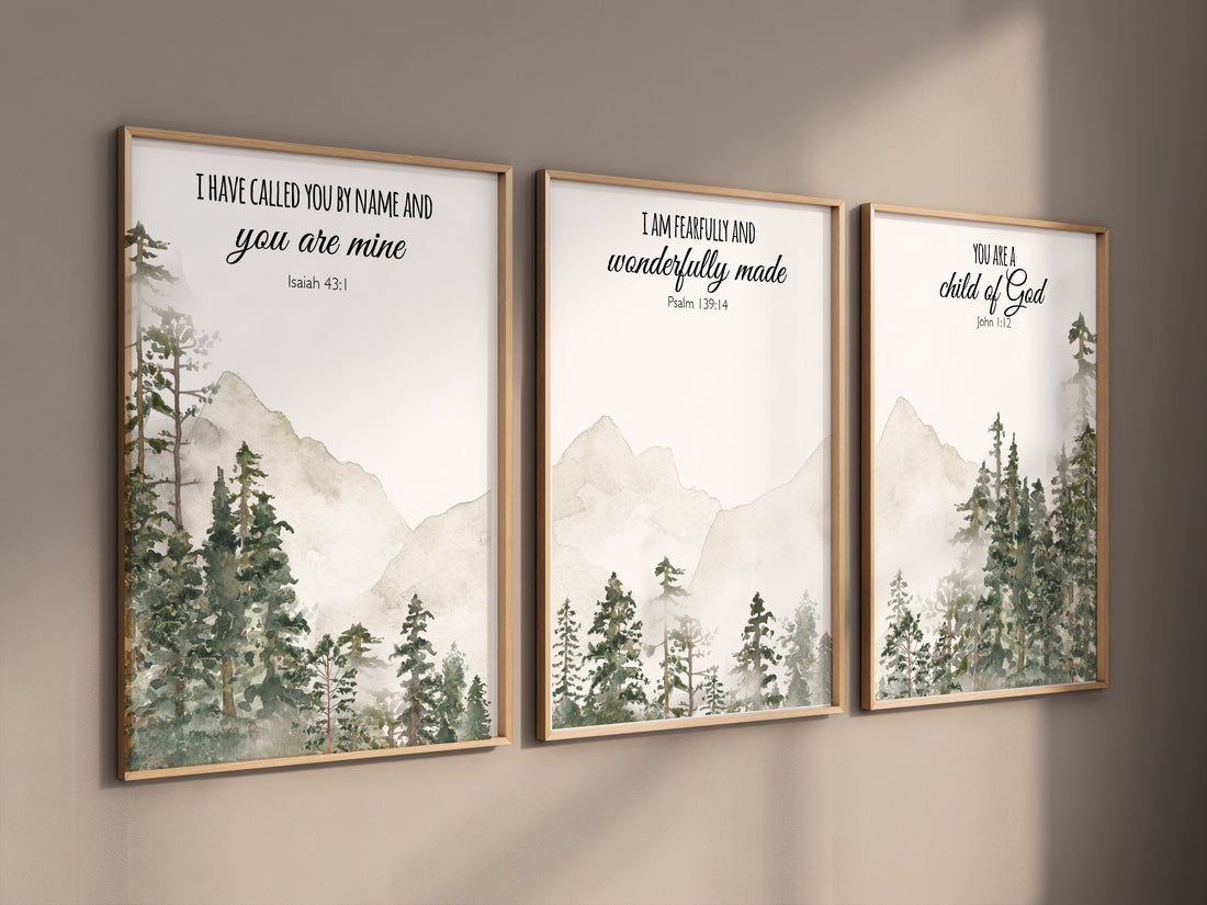 Mountain Nursery Art Print: Sage Green Forest, Bible Verse Decor