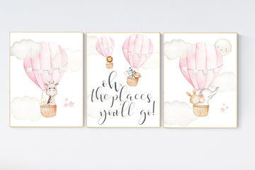 Nursery decor girl woodland, hot air balloon nursery, nursery decor woodland animal, hot air balloon nursery animal, pink nursery print
