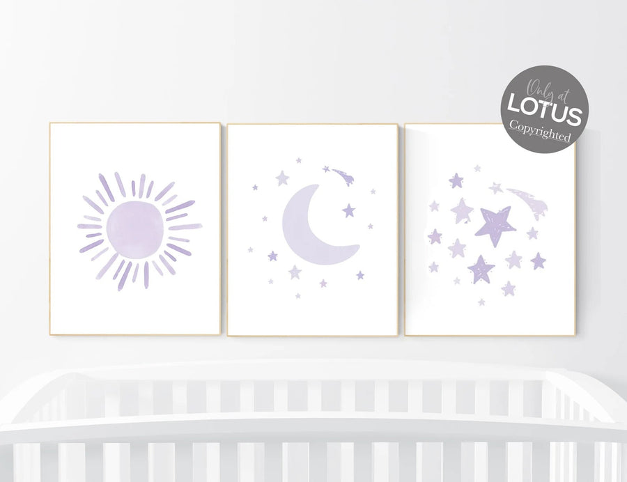 Nursery prints purple, Nursery decor girl, nursery wall art, purple, lavender, moon star, cloud, nursery wall art, sunshine, lilac, girls