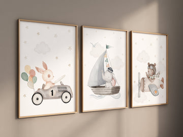 Nursery wall art animals, grey nursery, gender neutral, neutral nursery, bear nursery, elephant nursery, rabbit nursery, travel nursery