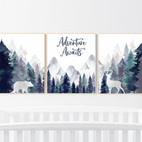 Nursery decor woodland, mountain wall art, tree nursery decor, forest nursery, navy teal, adventure awaits Nature Theme, Boy Nursery Decor