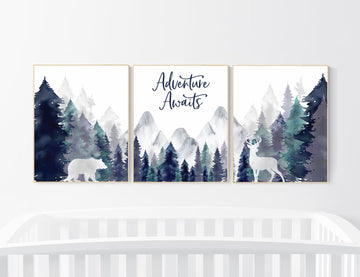 Nursery decor woodland, mountain wall art, tree nursery decor, forest nursery, navy teal, adventure awaits Nature Theme, Boy Nursery Decor