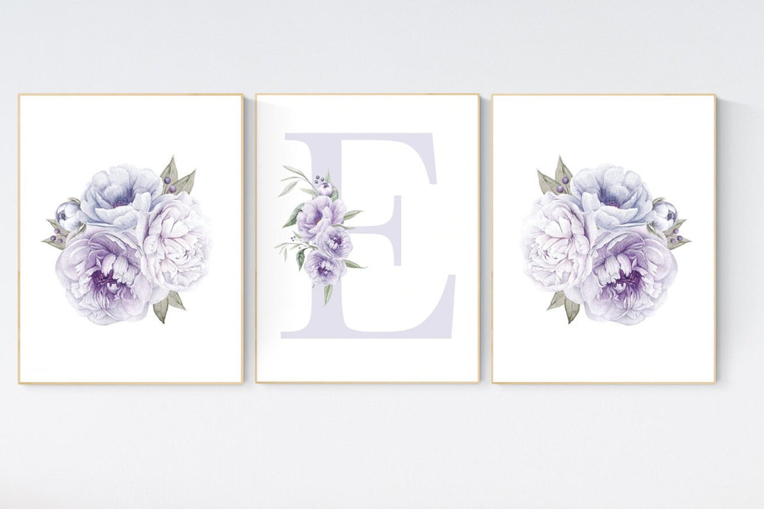 Nursery decor girl flower, floral nursery, lilac nursery, purple, peony flower, lavender nursery, girl nursery wall decor, set of 3 prints