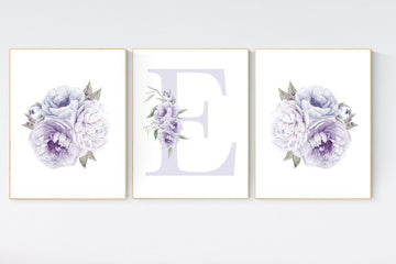 Nursery decor girl flower, floral nursery, lilac nursery, purple, peony flower, lavender nursery, girl nursery wall decor, set of 3 prints