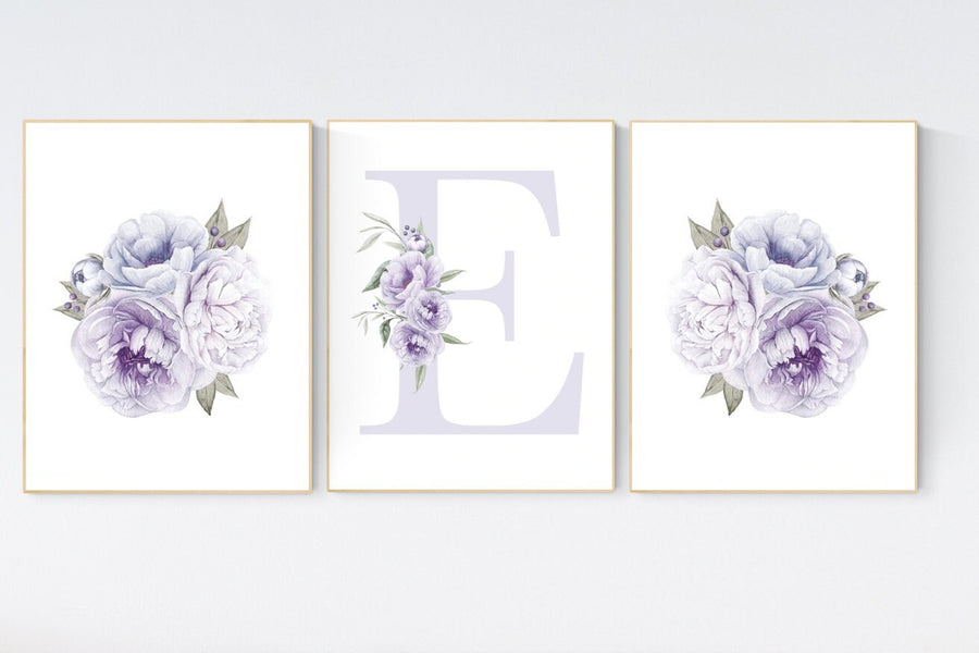 Nursery decor girl flower, floral nursery, lilac nursery, purple, peony flower, lavender nursery, girl nursery wall decor, set of 3 prints