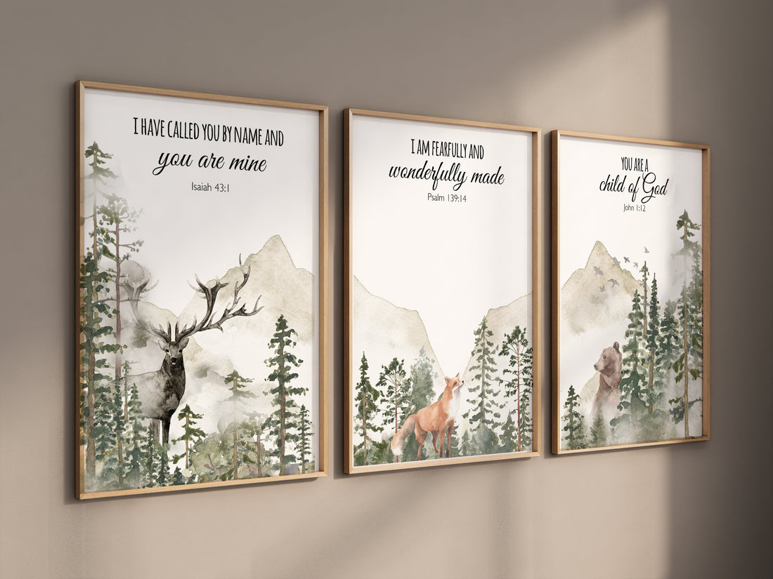 Woodland Nursery Decor: Mountain Animals, Bible Verse Art Print