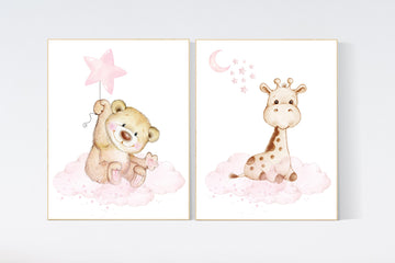 Nursery decor girl pink, nursery decor girl woodland animals, nursery decor animals, teddy bear, elephant, baby girl nursery prints