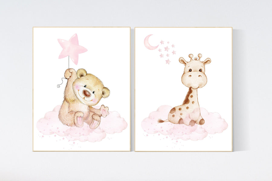 Nursery decor girl pink, nursery decor girl woodland animals, nursery decor animals, teddy bear, elephant, baby girl nursery prints