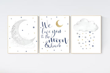 Nursery decor boy navy blue, Nursery wall art boy, navy nursery decor, moon and stars, we love you to the moon and back, nursery prints boy