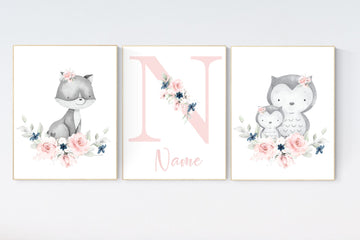 Nursery decor girl fox and owl, nursery decor girl flower, nursery decor girl floral, Boho baby room, pink nursery decor, flower baby room