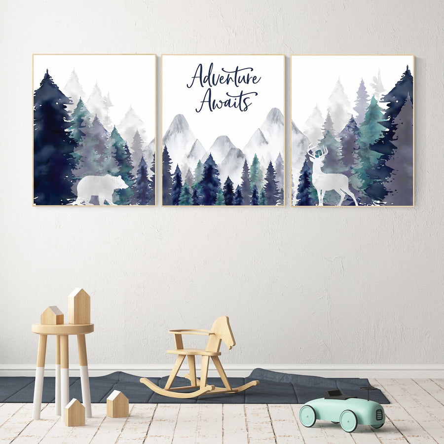 Nursery decor woodland, mountain wall art, tree nursery decor, forest nursery, navy teal, adventure awaits Nature Theme, Boy Nursery Decor