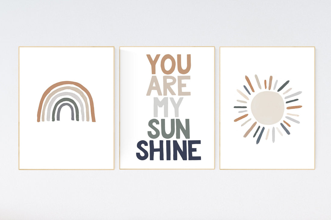 Boho Nursery, rainbow nursery, gender neutral, you are my sunshine, earth colors, rainbow prints, set of 3, boho prints