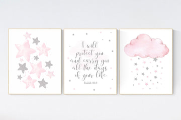 Nursery wall art girl, pink and silver nursery, cloud, stars, pink nursery art, cloud and stars, baby room decor for girls