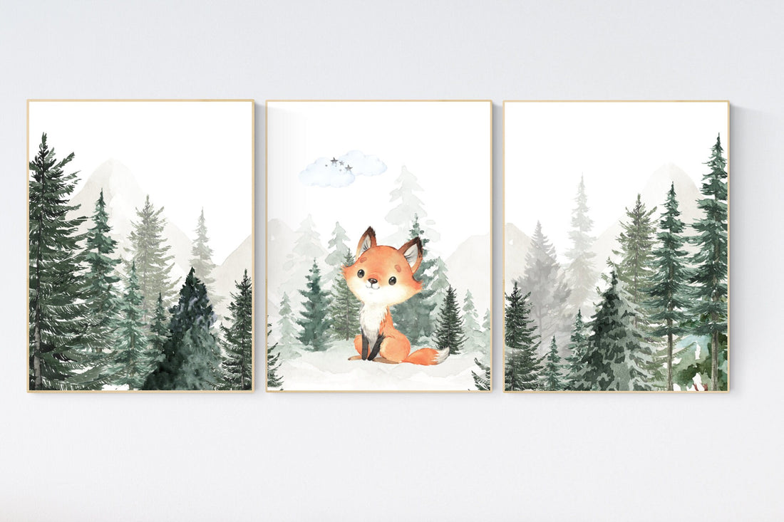 Nursery decor mountain, nursery wall art, tree nursery decor, adventure theme nursery, forest, sage green, beige, woodland animals