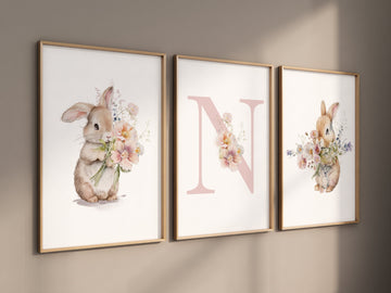 Nursery wall art girl bunny, bunny nursery print, Bunny Floral Watercolor Prints, bunny nursery decor, Wildflower Nursery, bunny nursery