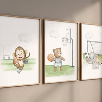 Sports nursery decor, Baby Animals Sport, Baby boy sports nursery, Safari nursery, baseball, soccer, basketball nursery, animal sports