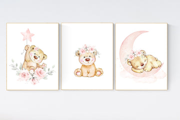 Nursery wall art bear, nursery decor girl, boho nursery, bear nursery print, floral prints, nursery prints boho, baby girl wall art, bear