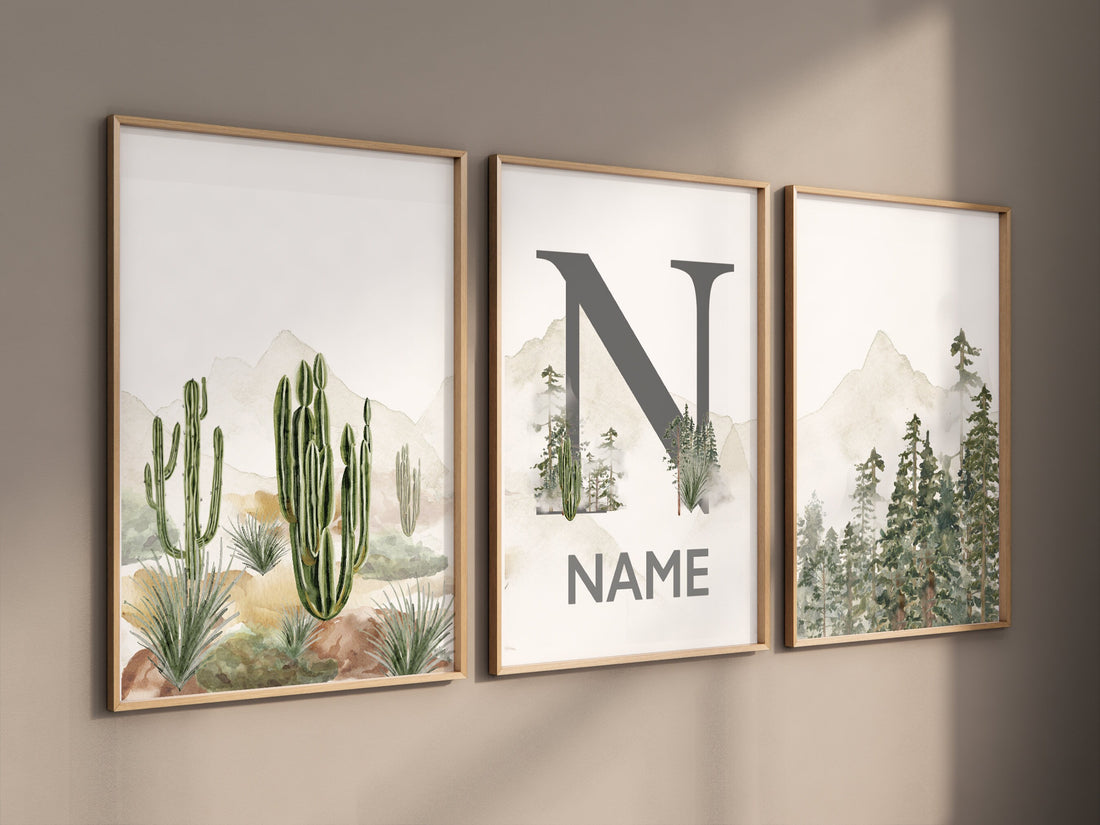 Nursery decor mountain, nursery wall art, tree nursery decor, adventure theme nursery, forest, sage green, beige, woodland animals