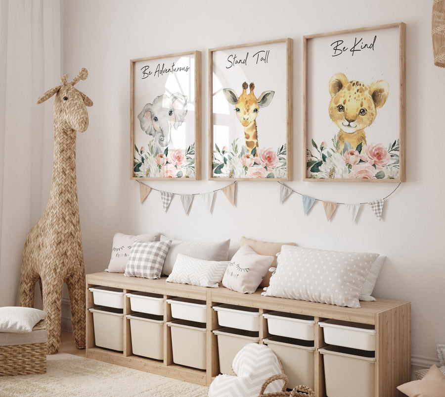 Nursery prints girl, baby room wall art, Safari Animals, girl nursery, Animals Prints, Safari Nursery Wall Art, flower animals