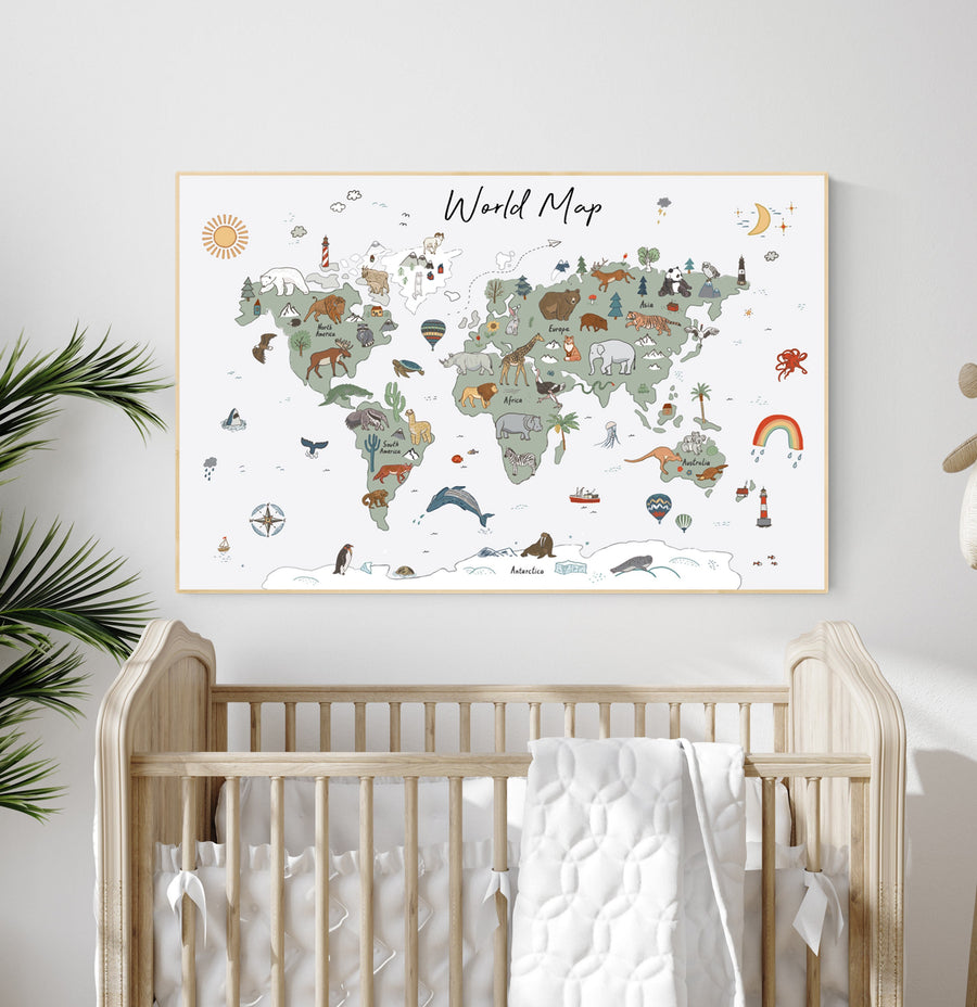 Animal World Map Print, Woodland Animal Nursery Decor, World Map Wall Art, Forest Nursery Decor, Sage Green Nursery, World Map With Animals