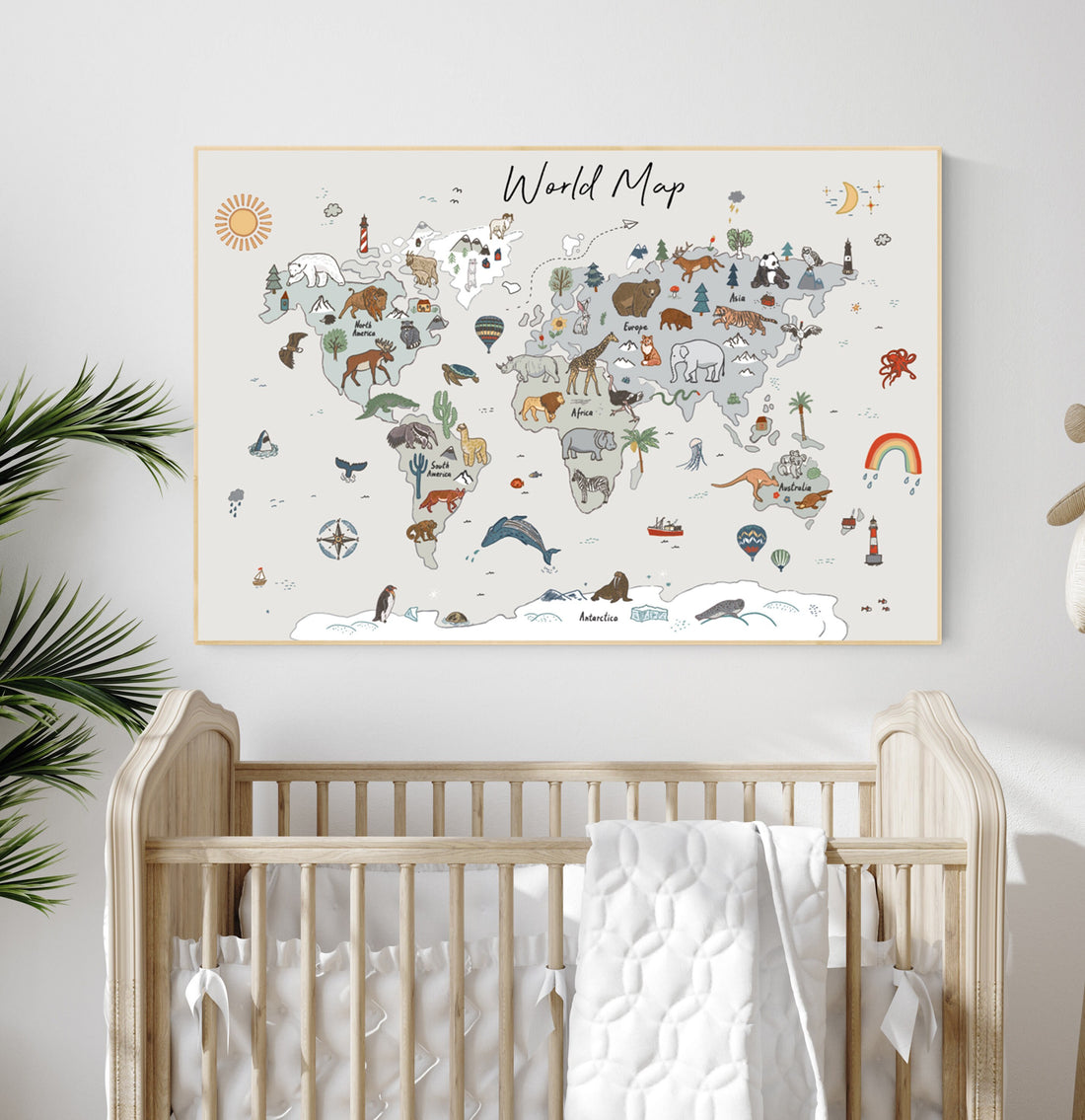 Animal World Map Print, Woodland Animal Nursery Decor, World Map Wall Art, neutral colors, World Map With Animals, gender neutral