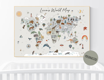Animal World Map Print, Woodland Animal Nursery Decor, World Map Wall Art, neutral colors, World Map With Animals, gender neutral