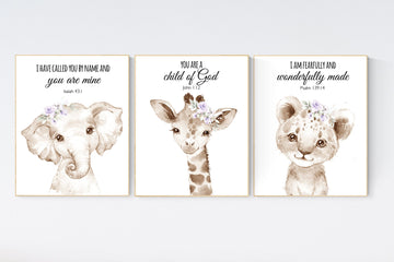 Nursery wall art animals, gray nursery, gender neutral, neutral nursery, verse nursery, bible verse, bear, elephant, giraffe, animal prints