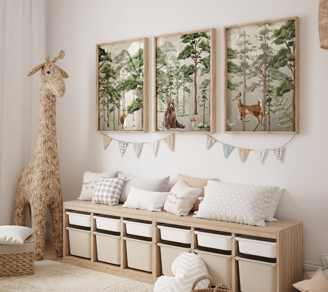 Nursery decor woodland, mountain wall art, tree nursery decor, adventure theme nursery, forest, sage green, beige, woodland animals