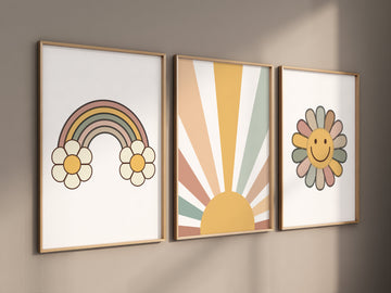 Smiley Face Print, Daisy Wall Art, Groovy Nursery, Girls Room Decor, Groovy Nursery, Girls Nursery Wall Art,  retro nursery, 70's nursery