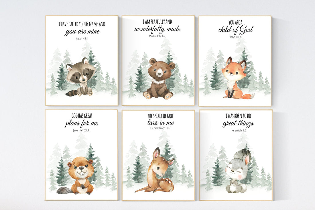 Woodland nursery decor, animals prints, woodland themed nursery, nursery wall art, nursery prints gender neutral, verse prints, bible verse