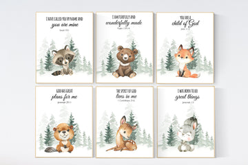 Woodland nursery decor, animals prints, woodland themed nursery, nursery wall art, nursery prints gender neutral, verse prints, bible verse