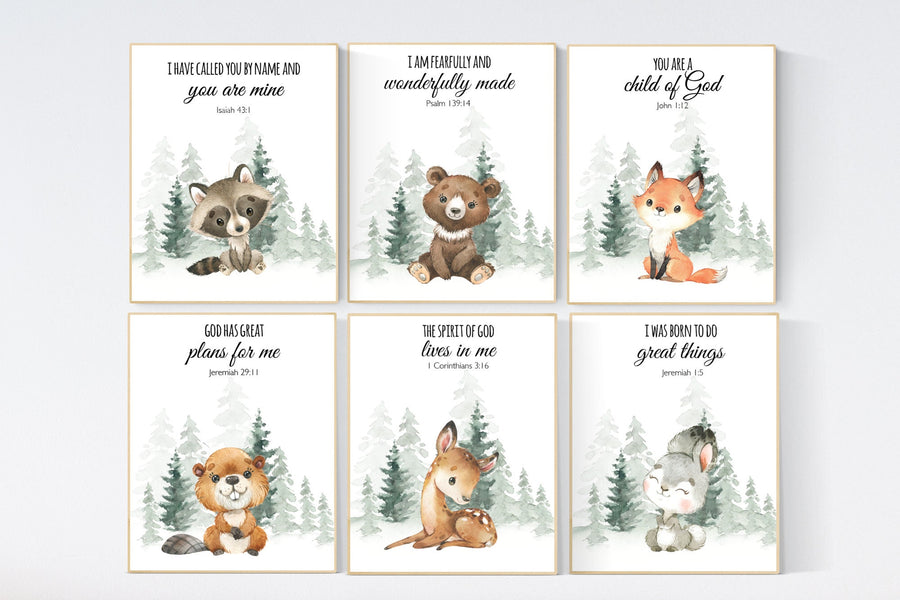 Woodland nursery decor, animals prints, woodland themed nursery, nursery wall art, nursery prints gender neutral, verse prints, bible verse