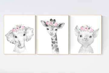 Safari Animals, girl nursery, Animals Prints, Woodland Nursery Decor, Safari Nursery Wall Art, floral animal prints, Pink Safari Animals