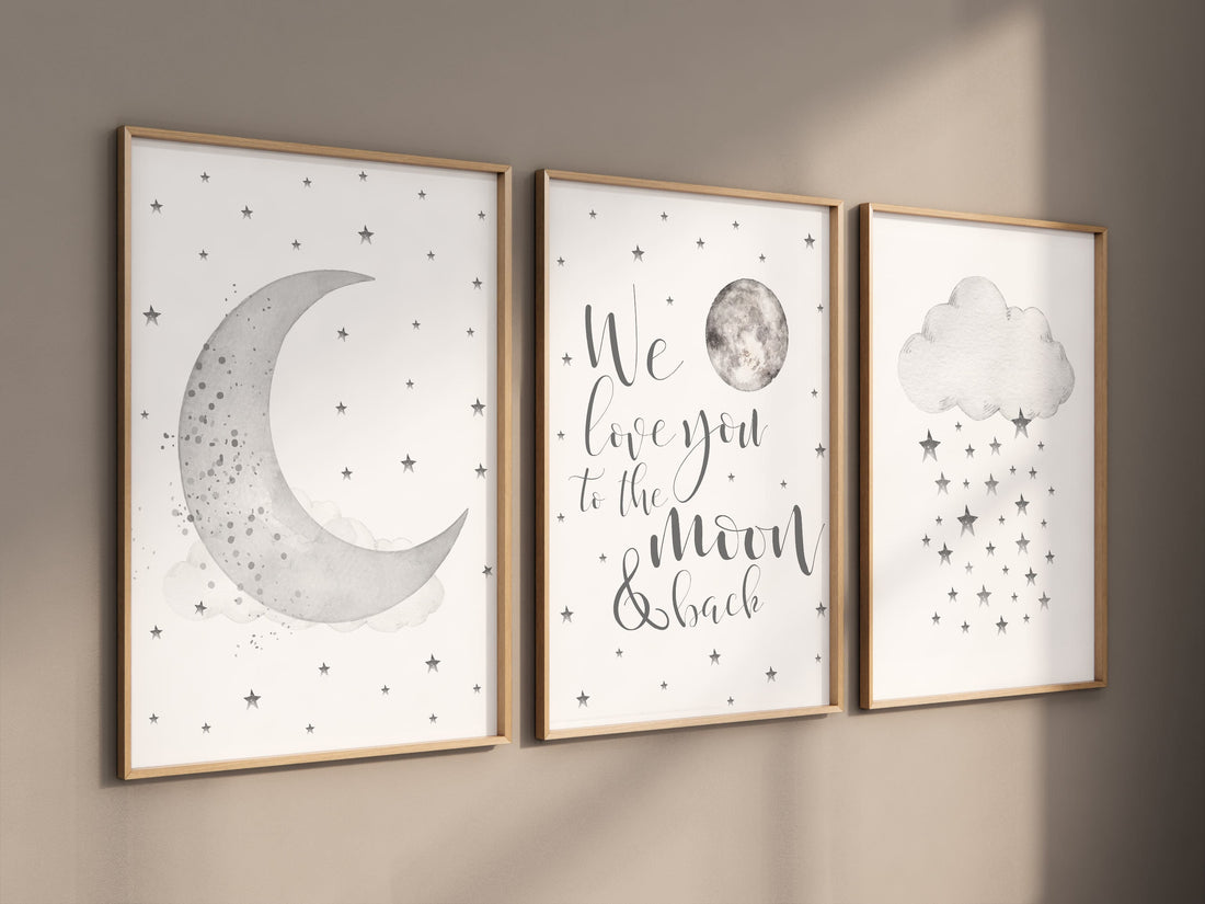 Nursery wall art grey, gray nursery, nursery decor neutral, baby room decor gender neutral, moon and stars, grey nursery decor baby room art