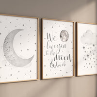 Nursery wall art grey, gray nursery, nursery decor neutral, baby room decor gender neutral, moon and stars, grey nursery decor baby room art