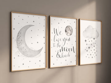 Nursery wall art grey, gray nursery, nursery decor neutral, baby room decor gender neutral, moon and stars, grey nursery decor baby room art