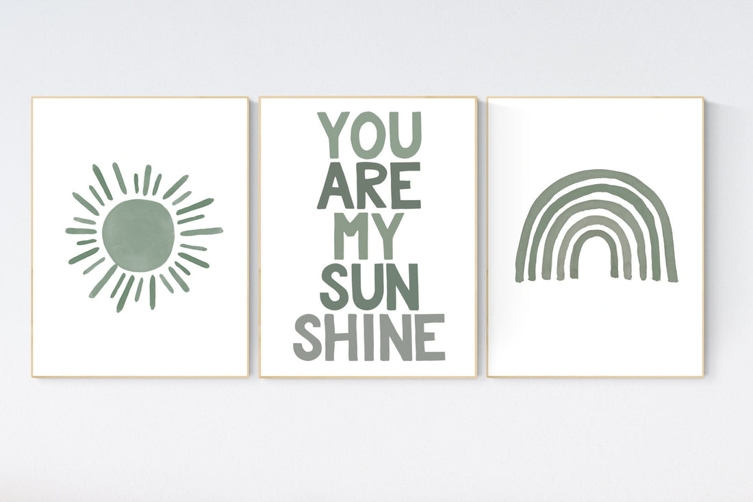 Gender neutral nursery, rainbow nursery, sage green nursery wall decor, nursery decor neutral, rainbow nursery, you are my sunshine, green