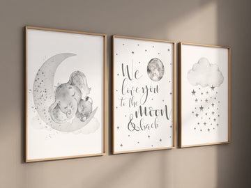 Nursery wall art grey, gray nursery, nursery decor neutral, elephant nursery, baby room decor gender neutral, moon and stars, nursery ideas