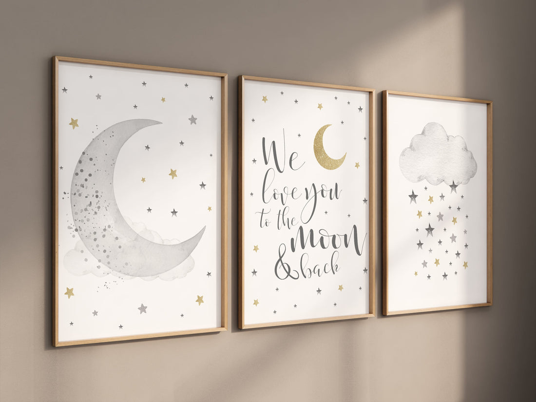 Nursery wall art grey, gray gold nursery, nursery decor neutral, baby room decor gender neutral, moon and stars, grey gold, baby room art