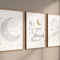 Nursery wall art grey, gray gold nursery, nursery decor neutral, baby room decor gender neutral, moon and stars, grey gold, baby room art