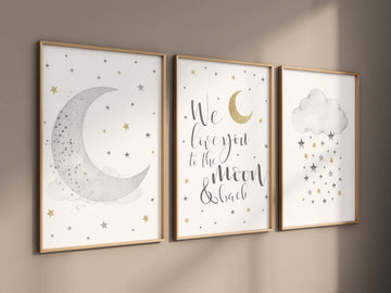 Nursery wall art grey, gray gold nursery, nursery decor neutral, baby room decor gender neutral, moon and stars, grey gold, baby room art