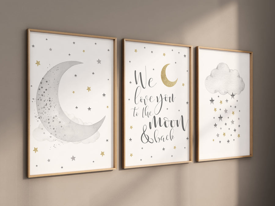 Nursery wall art grey, gray gold nursery, nursery decor neutral, baby room decor gender neutral, moon and stars, grey gold, baby room art