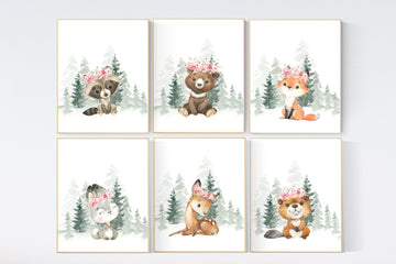 Woodland nursery decor, animals prints, woodland themed nursery, nursery wall art, nursery prints girl, flower nursery, girls room decor