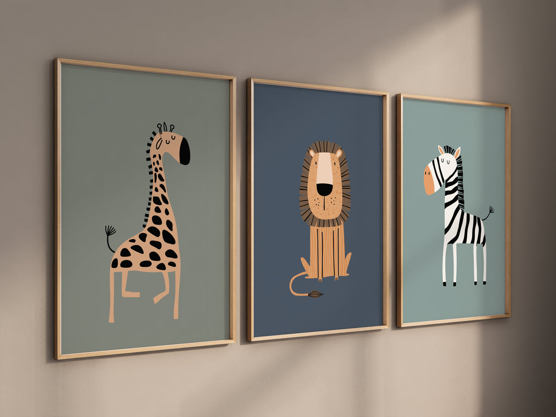 Modern Safari Animal Wall Art Set, Giraffe Lion Zebra Prints for Nursery, Jungle Theme Baby Boy Room Decor, Minimalist Kids Wall Posters